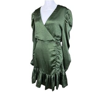 Steve Madden Nyla Mini Dress Womens Medium Olive Green Ruched Faux Wrap Cocktail